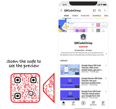 YouTube QR code sample display page with demo QR code